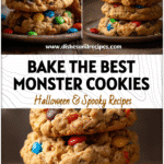 Stack of thick and chewy monster cookies loaded with colorful M N M candies and oats on a rustic plate.